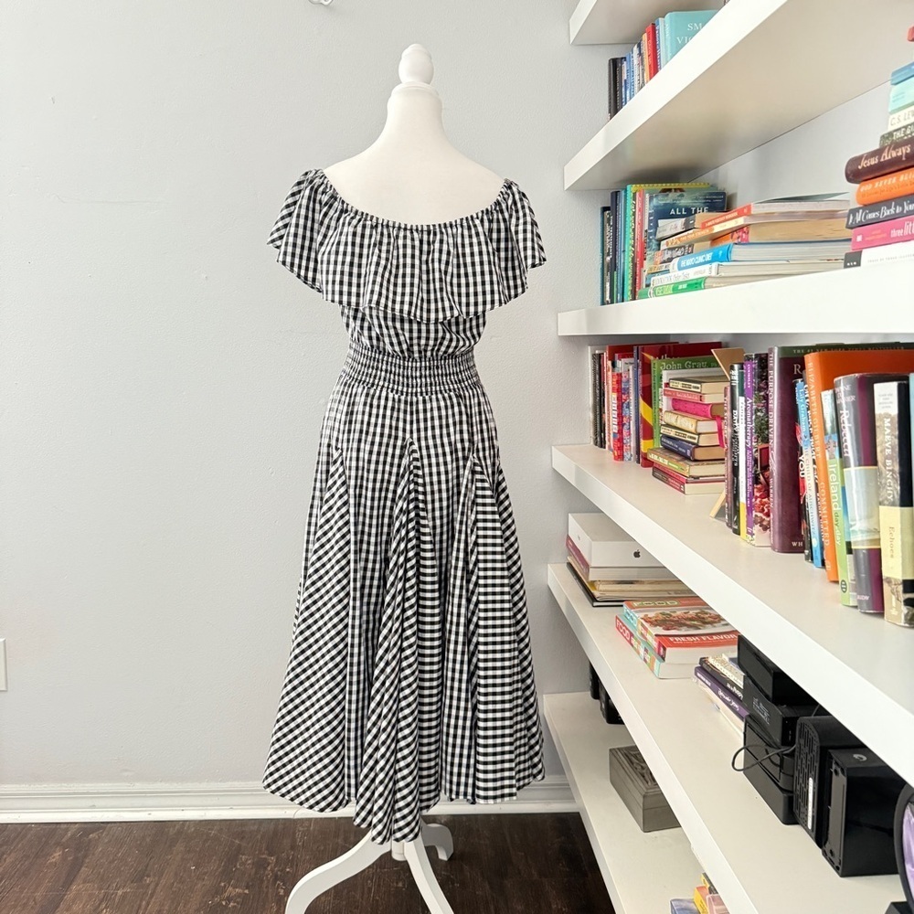 Chelsea & Theodore Black & White Gingham Off the Shoulder Midi Dress P Medium - Picture 5 of 11